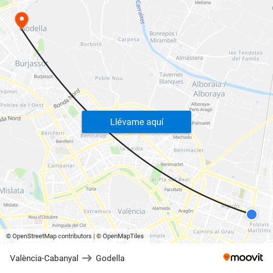 València-Cabanyal to Godella map