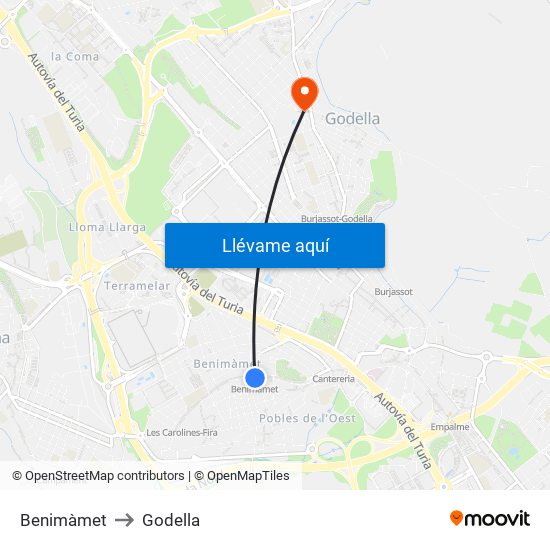 Benimàmet to Godella map