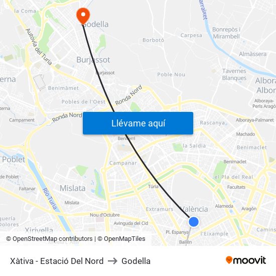 Xàtiva - Estació Del Nord to Godella map