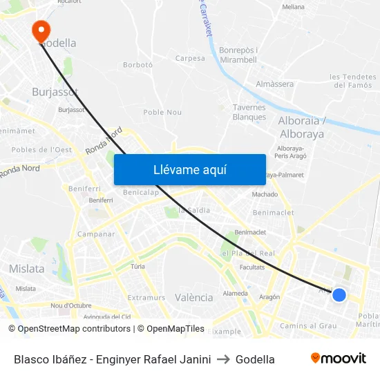 Blasco Ibáñez - Enginyer Rafael Janini to Godella map