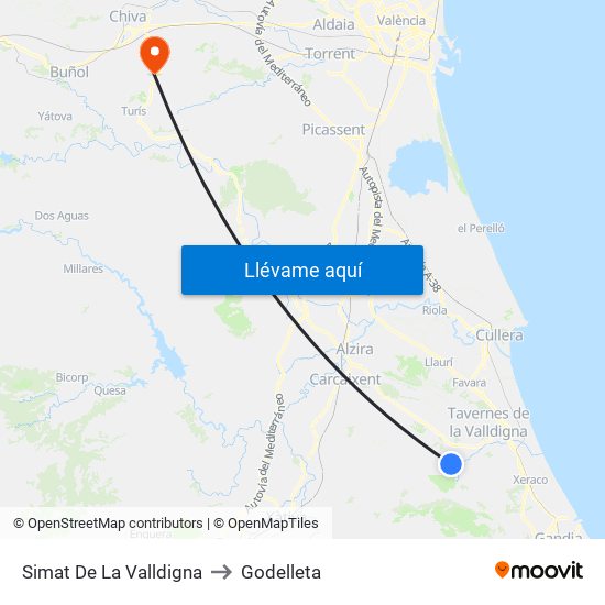 Simat De La Valldigna to Godelleta map