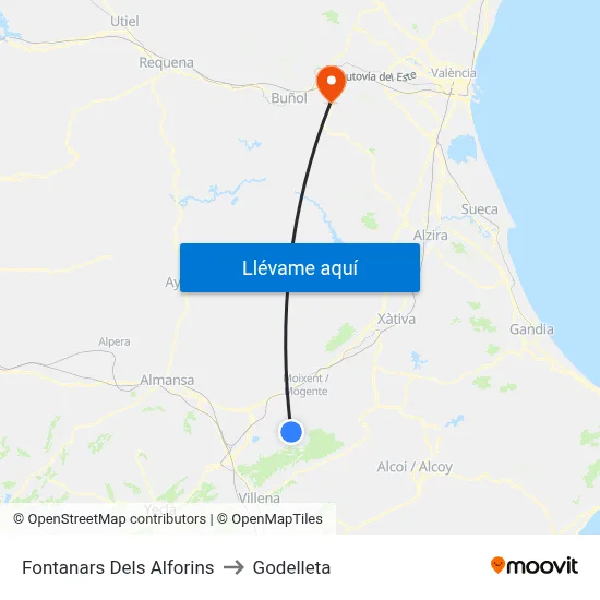 Fontanars Dels Alforins to Godelleta map