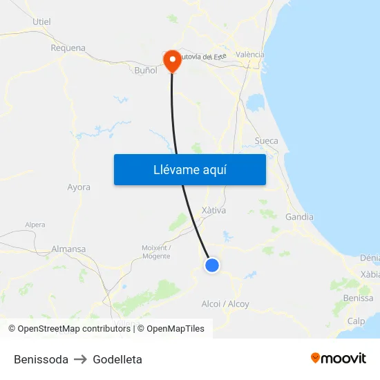 Benissoda to Godelleta map