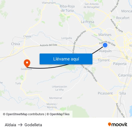 Aldaia to Godelleta map
