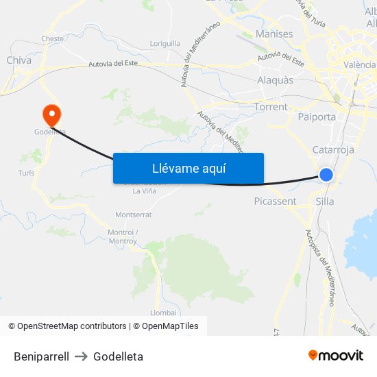 Beniparrell to Godelleta map