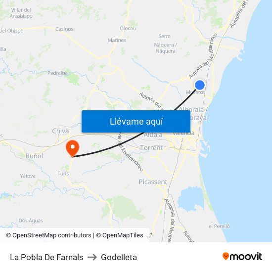 La Pobla De Farnals to Godelleta map
