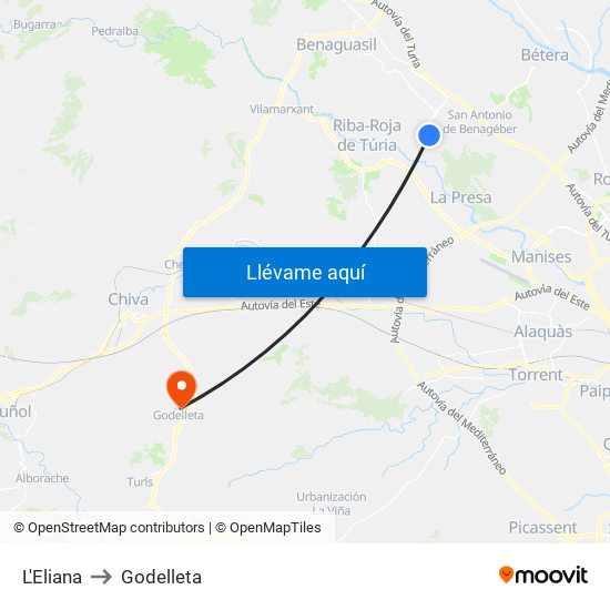 L'Eliana to Godelleta map
