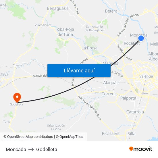 Moncada to Godelleta map