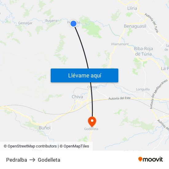 Pedralba to Godelleta map