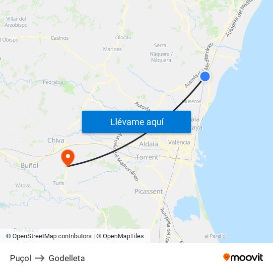 Puçol to Godelleta map