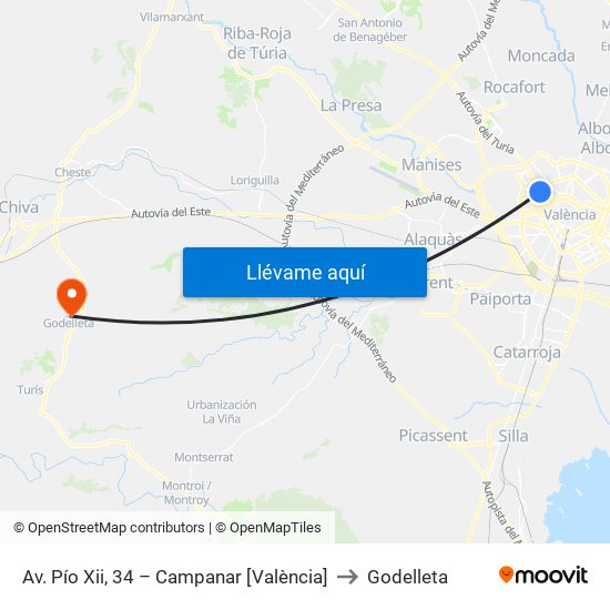 Av. Pío Xii, 34 – Campanar [València] to Godelleta map