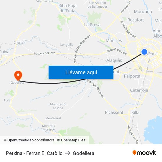 Petxina - Ferran El Catòlic to Godelleta map