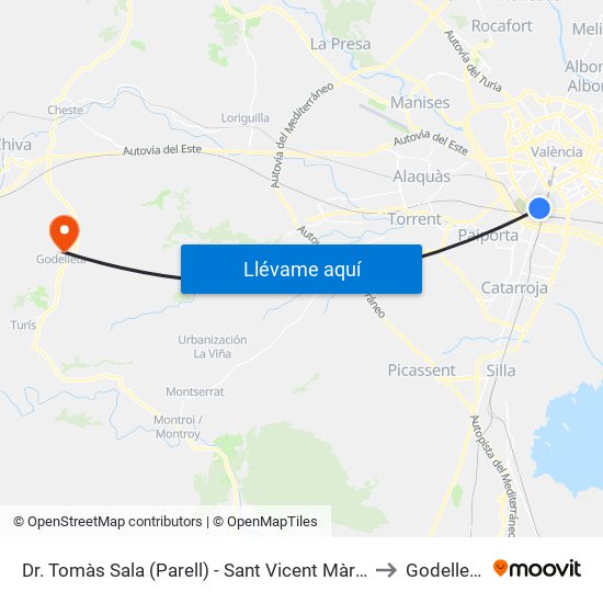 Dr. Tomàs Sala (Parell) - Sant Vicent Màrtir to Godelleta map