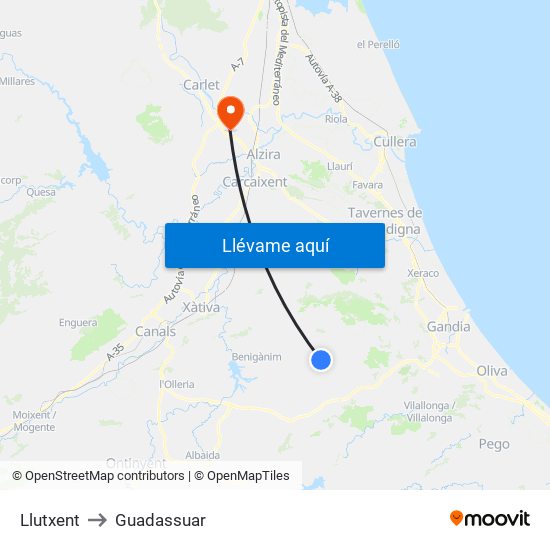Llutxent to Guadassuar map