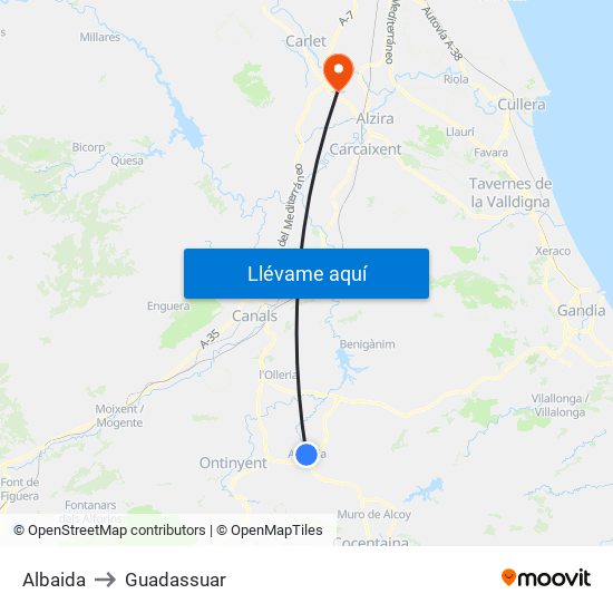 Albaida to Guadassuar map