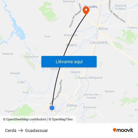Cerdà to Guadassuar map