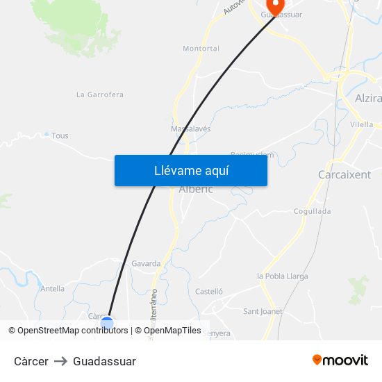 Càrcer to Guadassuar map