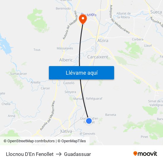 Llocnou D'En Fenollet to Guadassuar map