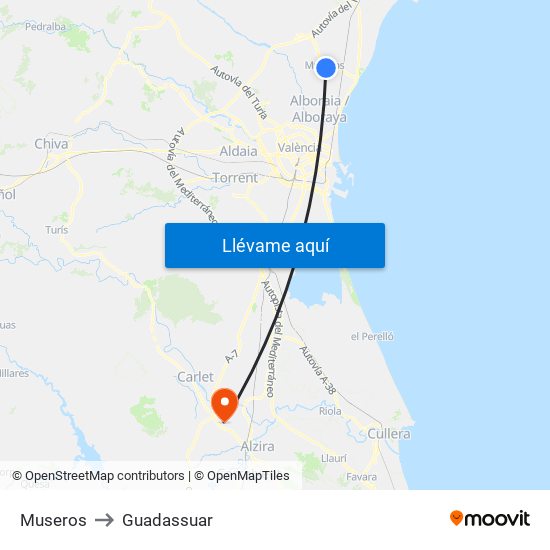 Museros to Guadassuar map