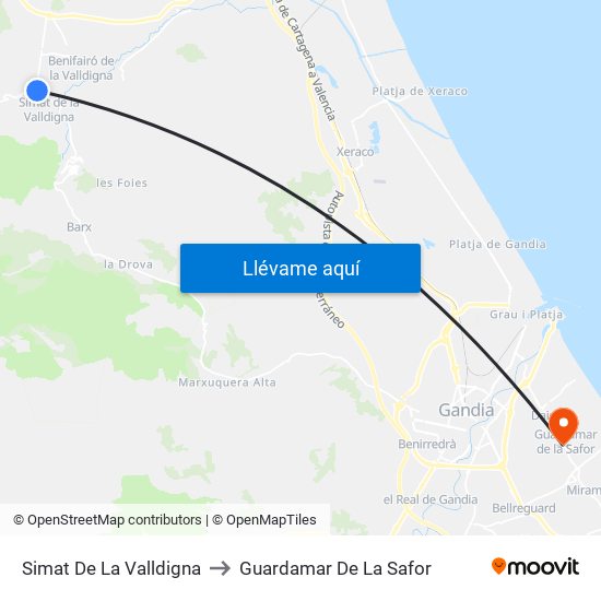 Simat De La Valldigna to Guardamar De La Safor map