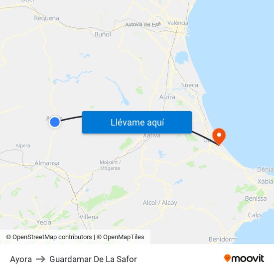 Ayora to Guardamar De La Safor map