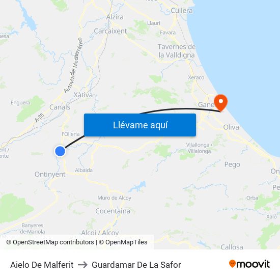 Aielo De Malferit to Guardamar De La Safor map