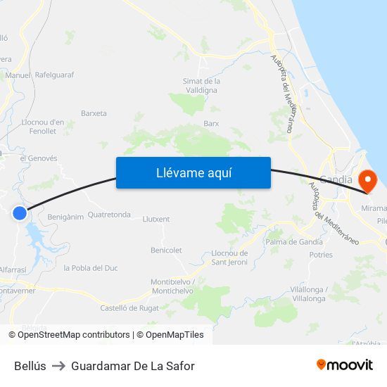 Bellús to Guardamar De La Safor map