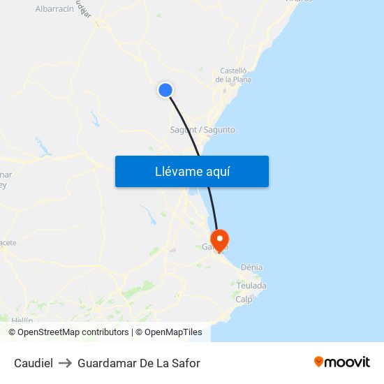 Caudiel to Guardamar De La Safor map