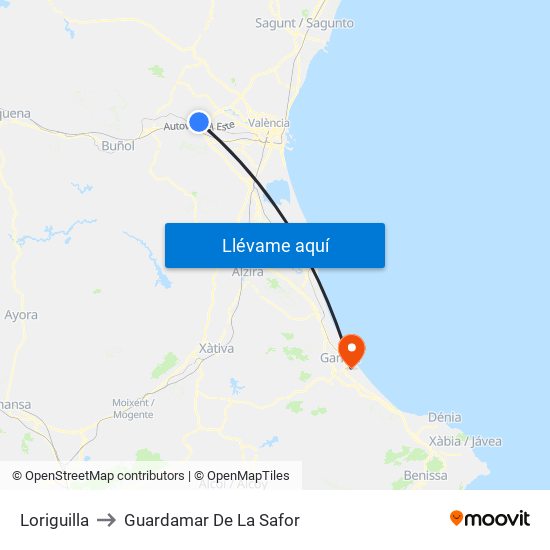 Loriguilla to Guardamar De La Safor map
