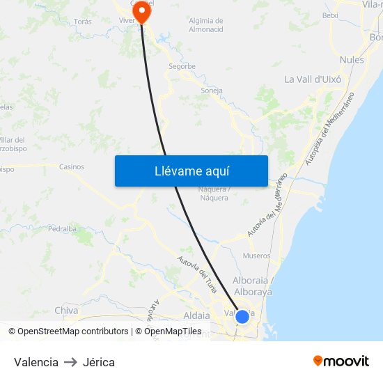 Valencia to Jérica map
