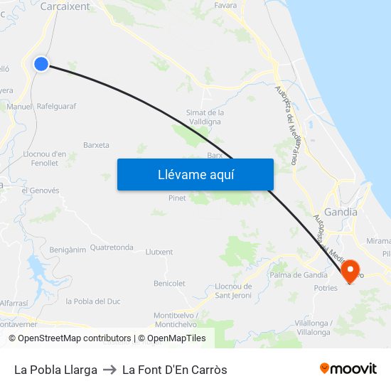 La Pobla Llarga to La Font D'En Carròs map