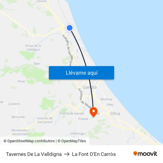 Tavernes De La Valldigna to La Font D'En Carròs map