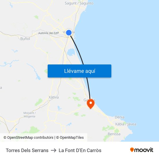 Torres Dels Serrans to La Font D'En Carròs map