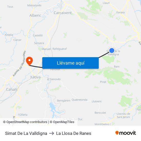 Simat De La Valldigna to La Llosa De Ranes map