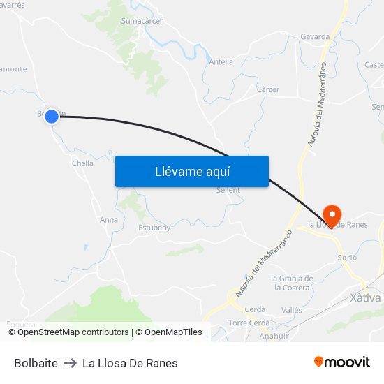 Bolbaite to La Llosa De Ranes map