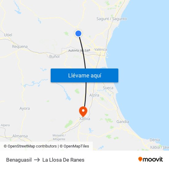 Benaguasil to La Llosa De Ranes map