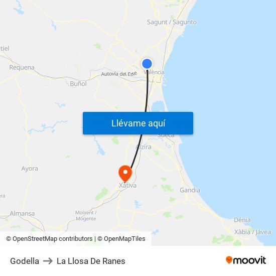 Godella to La Llosa De Ranes map