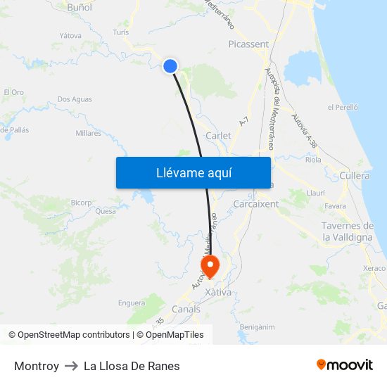 Montroy to La Llosa De Ranes map