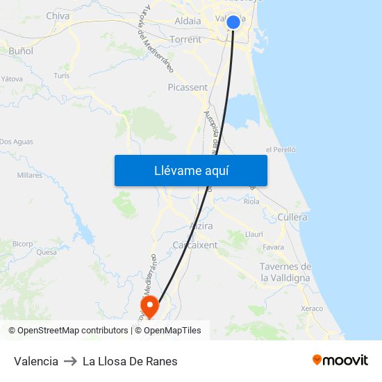 Valencia to La Llosa De Ranes map