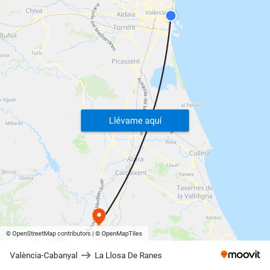 València-Cabanyal to La Llosa De Ranes map