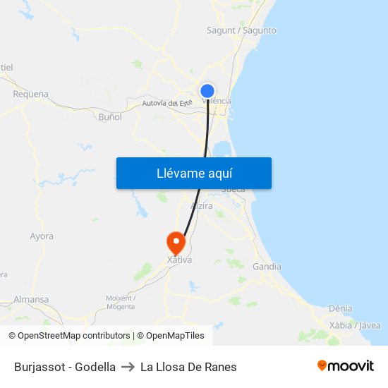 Burjassot - Godella to La Llosa De Ranes map