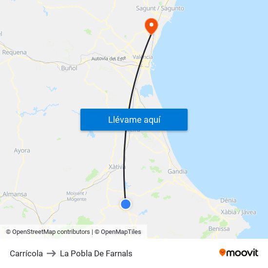 Carrícola to La Pobla De Farnals map