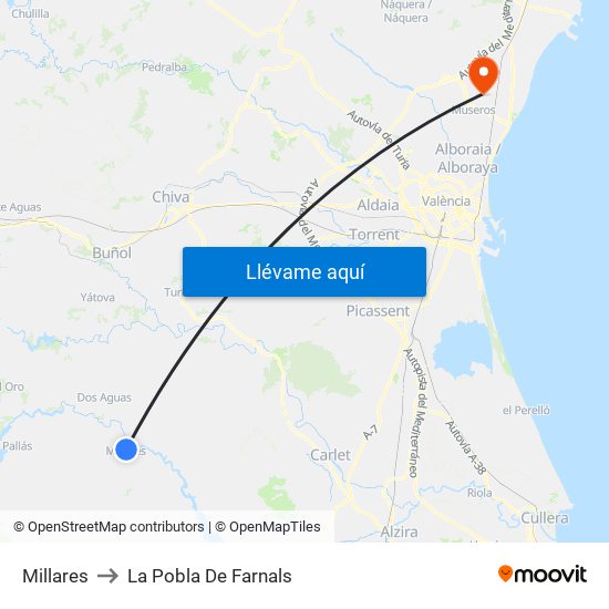 Millares to La Pobla De Farnals map