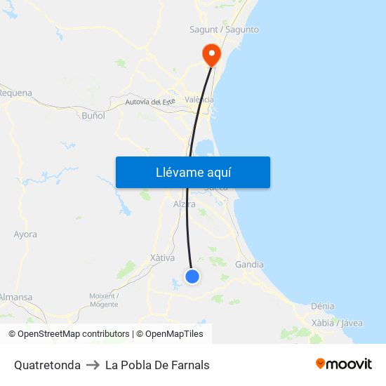 Quatretonda to La Pobla De Farnals map