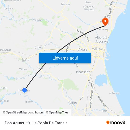 Dos Aguas to La Pobla De Farnals map