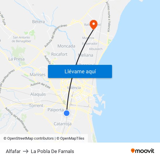 Alfafar to La Pobla De Farnals map