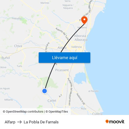 Alfarp to La Pobla De Farnals map
