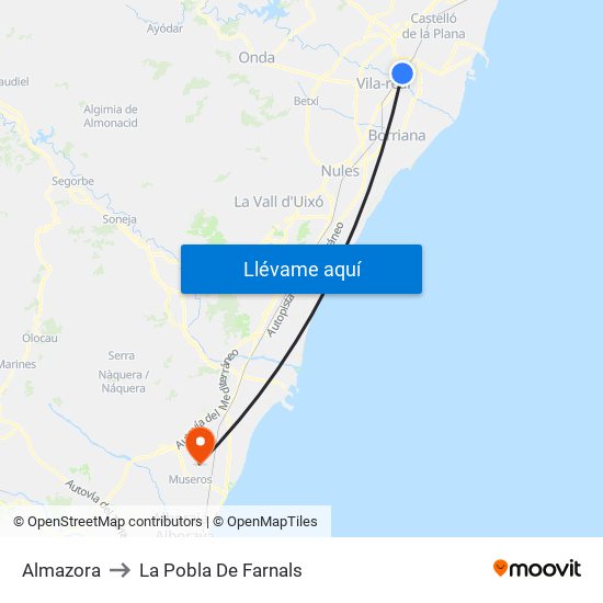 Almazora to La Pobla De Farnals map