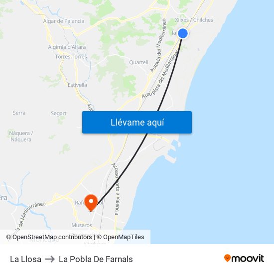 La Llosa to La Pobla De Farnals map