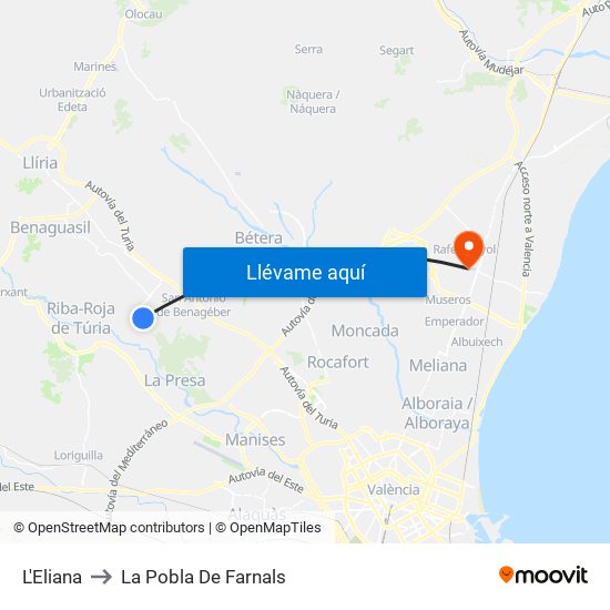 L'Eliana to La Pobla De Farnals map